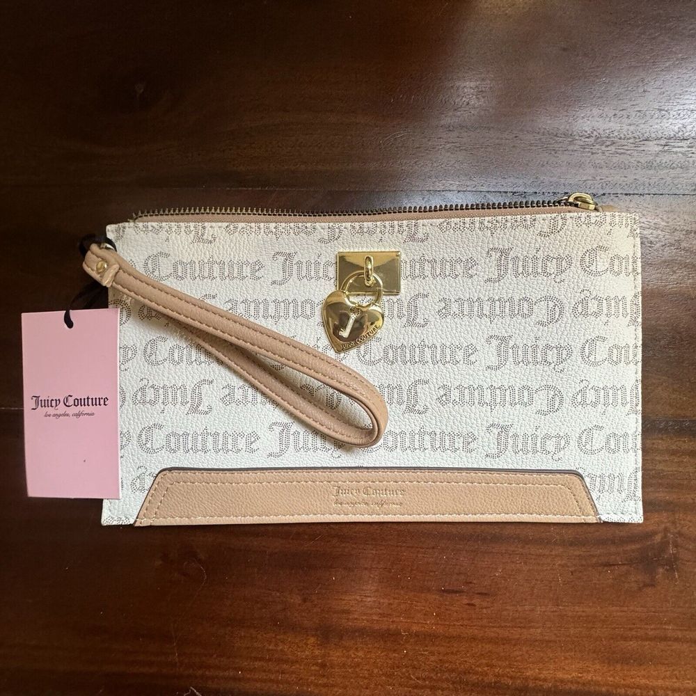 Juicy Couture Wristlet Clutch Beige Heart Charm Mini Bag Logo